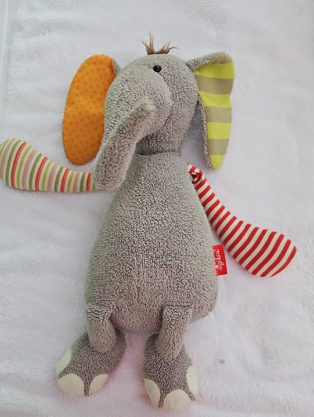 Sigikid Plush Grey Elephant Soft Toy with Colorful Ears and Striped Arms